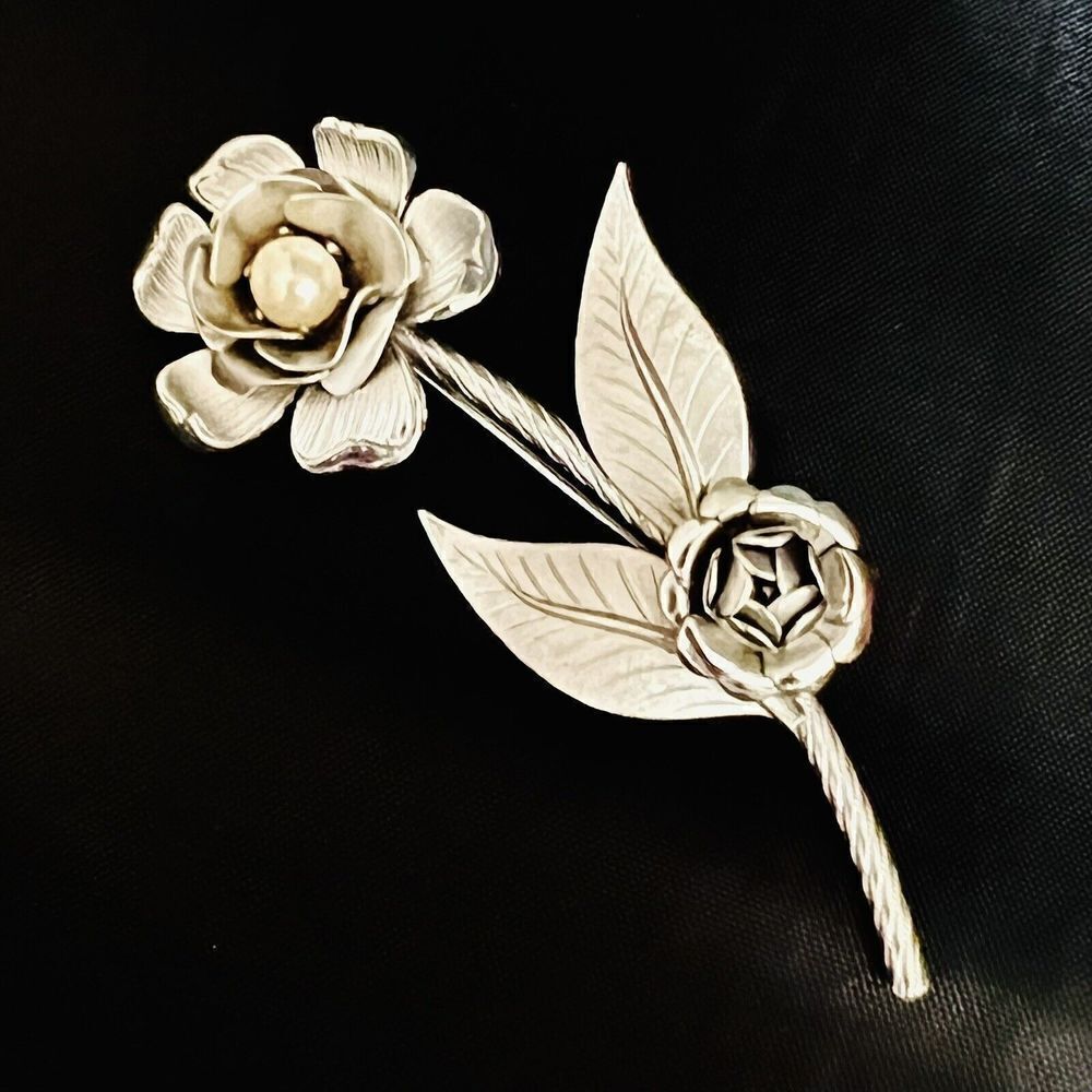 Vintage Silver Roses Flower with Stem Leaf Floral Brooch Textured Pearl 4186